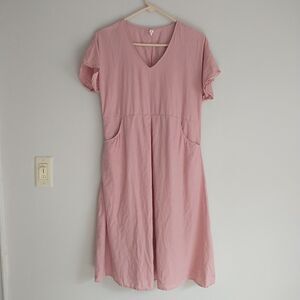 Grae Cove Midi Dress S Pink 100% Linen Short Sleeve Pockets V Neck Flared